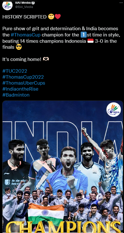 வரலாற்றில் முதல் முறையாக தாமஸ் கோப்பையை வென்று இந்திய அணி சரித்திர சாதனை!! 7