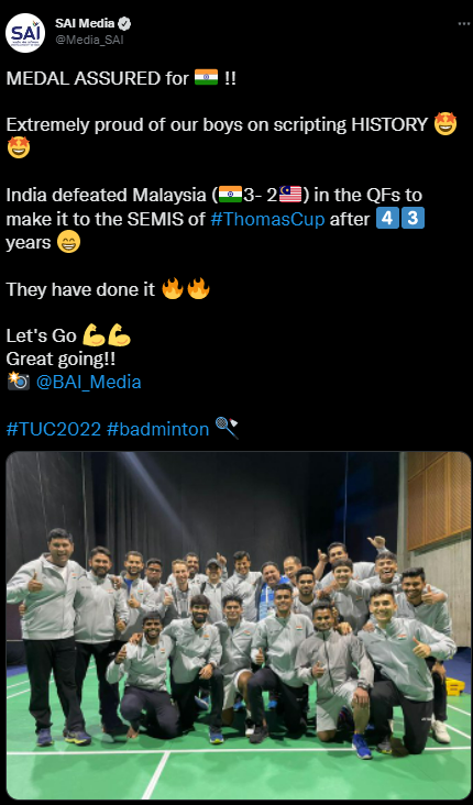 43 ஆண்டுகள் பிறகு முதல் முறை தாமஸ் கோப்பை போட்டியில் பதக்கம் வெல்ல உள்ள இந்திய அணி. 3