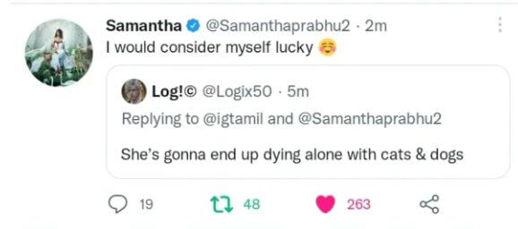 “நீ நாயுடன் தான் சாக போற”!! ரசிகரின் திமிருக்கு செக் வைத்த சமந்தா!!! 5