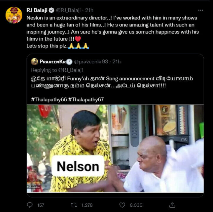 "இருந்தாலும் இதெல்லாம் கொஞ்சம் ஓவர்"!! தயவு செஞ்சி நிப்பாட்டுங்க"!! நெல்சனுக்கு ஆதரவாக பேசியுள்ள ஆர்.ஜே.பாலாஜி!! 9