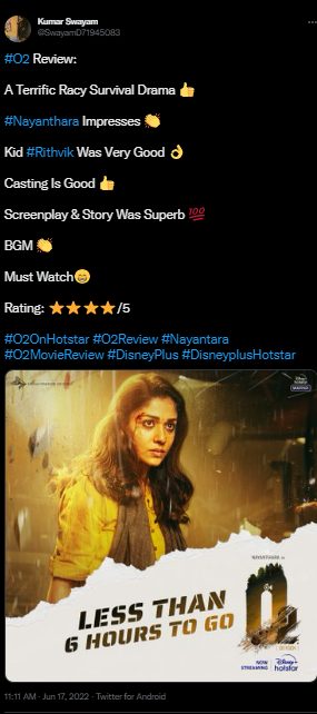 Mrs.நயன்தாராவின் O2 திரைப்படம் எப்படி இருக்கிறது!! திருமணம் முடிந்த பின் வெளியாகும் முதல் படத்தில் வென்றாரா? நயன்தாரா!! ரசிகர்களின் ட்விட்டர் ரிவியூ!! 17