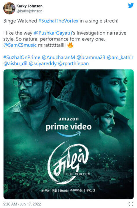 "இந்தியாவில் இதுவரை வெளியான சிறப்பான வெப் சீரிஸ் "சூழல்"!! ட்விட்டரில் ரசிகர்களால் மிகவும் பாராட்டப்படும் பார்த்திபன் மற்றும் கதிரின் சூழல் !! 7