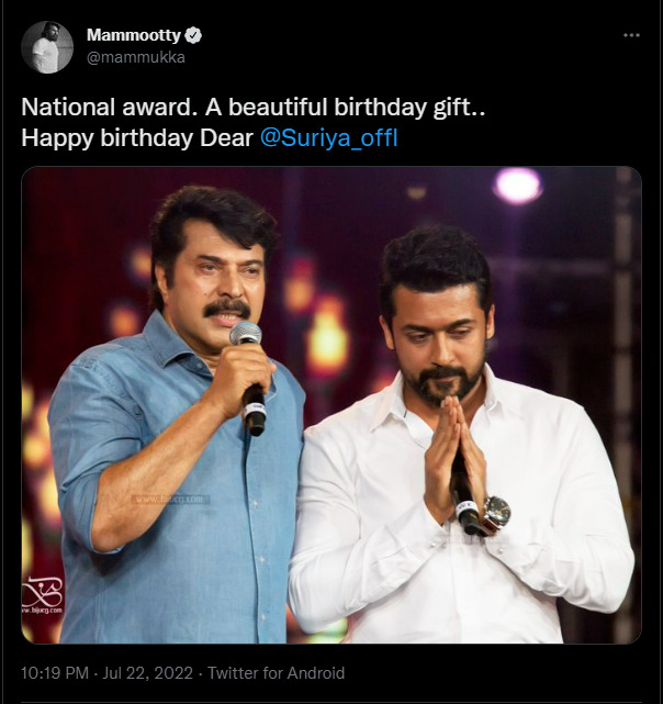 "பிறந்தநாள் அன்று தேசிய விருது நல்ல பரிசு"!!"சூர்யாவை பாராட்டிய மாமூட்டி"!! 11