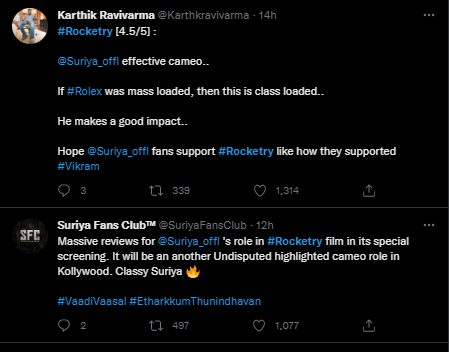 "ரோலெக்ஸ் மாஸ்'னா.....ராக்கெட்டரி கிளாஸ்"!! பட்டைய கிளப்பி இருக்கும் மாதவனும் சூர்யாவும்!! ரசிகர்களின் ட்விட்டர் ரிவியூ!! 13