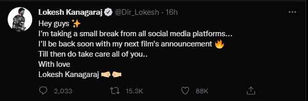 "அப்டேட்டோட திரும்பி வரேன்...ஆனா கொஞ்சம் நாள்...."!!"ஷாக்கிங் அறிவிப்பை கொடுத்துள்ள லோகேஷ்"!! 7