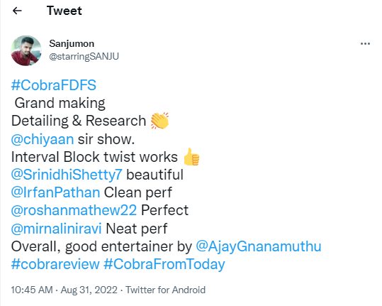 கோப்ரா படம் வேற லெவெலில் இருக்கு..ட்விட்டரை தெறிக்க விடும் சீயான் ரசிகர்கள்..! | Cobra Review 13