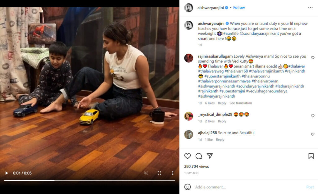 தங்கை மகனுடன் கார் ரேஸ் விளையாடும் ஐஸ்வர்யா ரஜினிகாந்த் .! ஐஸ் வெளியிட்ட அழகிய வீடியோ 5