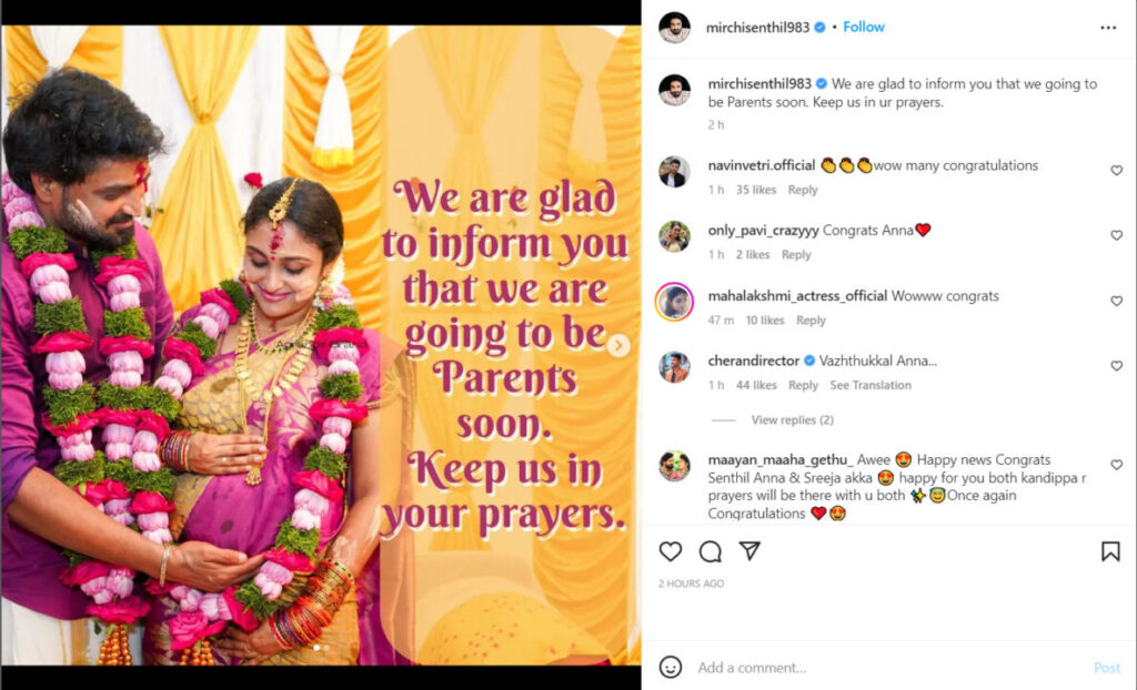 8 ஆண்டுகளுக்குப் பின் கர்ப்பமான ஸ்ரீஜா.! மகிழ்ச்சியுடன் அறிவித்த மிர்ச்சி செந்தில் 5