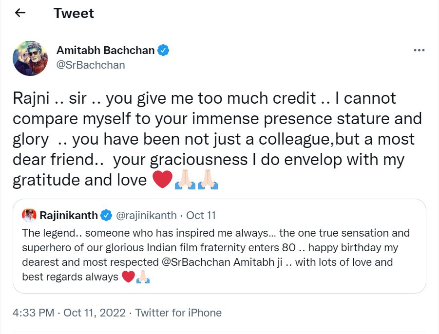 ரஜினி சார் இதெல்லாம் too much..! பிறந்தநாள் வாழ்த்து சொன்ன ரஜினிக்கு பதில் சொன்ன அமிதாப் பச்சன் 5