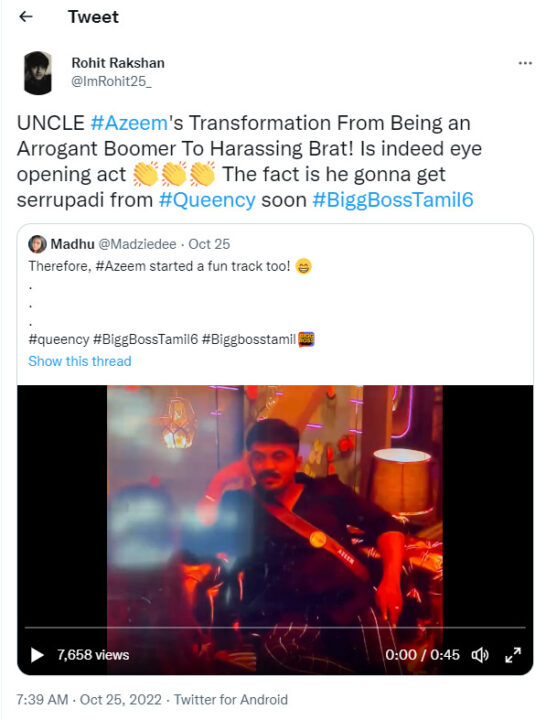 குயின்சியிடம் லவ் ட்ராக் ஓட்டும் அசீம்.! பூமர் அங்கிள், Cringe மாமா என கலாய்த்து தள்ளும் நெட்டிசன்கள் 17