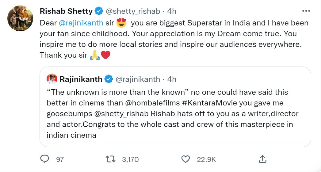 என் உடம்பு சிலிர்க்கிறது.! காந்தரா படத்தை பார்த்துவிட்டு மனதார வாழ்த்திய ரஜினிகாந்த்.! 5