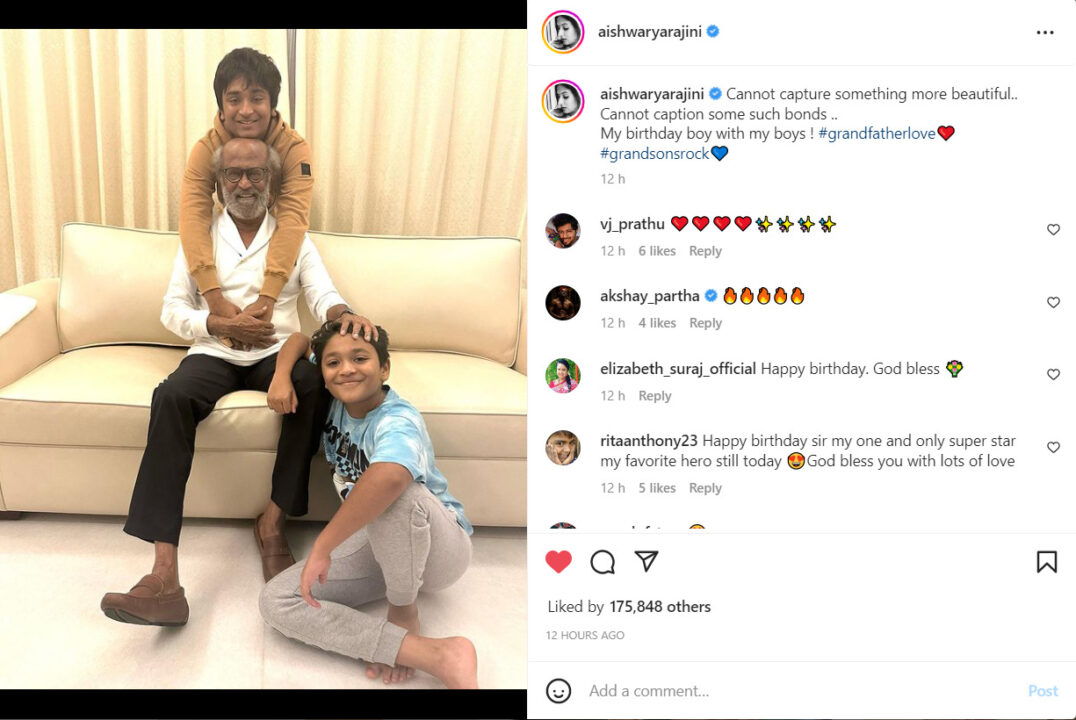 தனது பேரன்களுடன் பிறந்தநாளை கொண்டாடிய சூப்பர் ஸ்டார்.! ஐஸ்வர்யா வெளியிட்ட அழகிய புகைப்படம் 5
