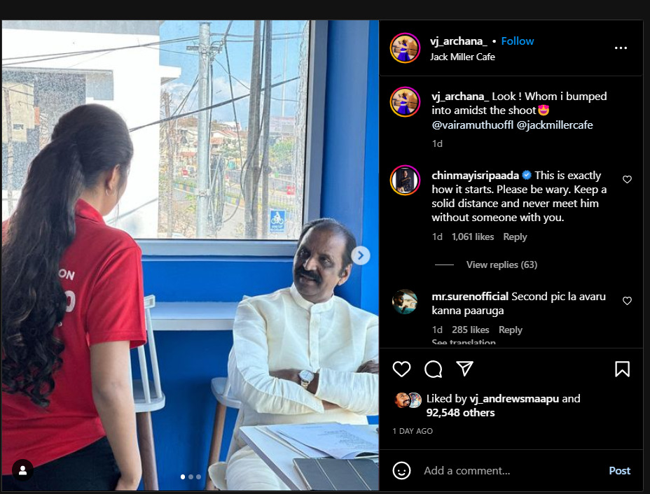 வைரமுத்துவை சந்தித்த VJ அர்ச்சனா.! புகைப்படத்திற்கு கீழே சின்மயி போட்ட கமெண்ட்.! 7