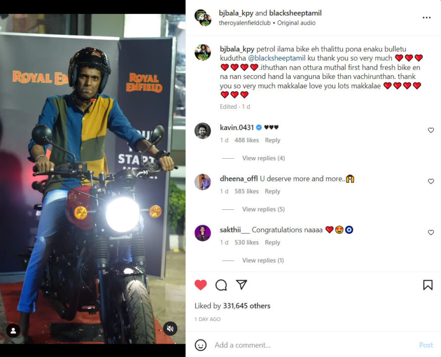 ராயல் என்பீல்ட் பைக்கை பாலாவுக்கு பரிசளித்த தனியார் youtube சேனல்.! பாலா வெளியிட்ட அழகிய வீடியோ.! 3