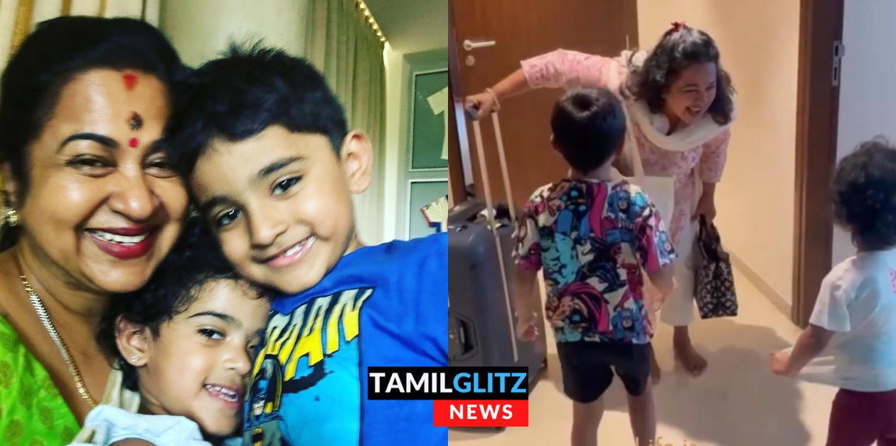 பேரப் பிள்ளைகளை பார்த்ததும் குழந்தை போல துள்ளி குதித்த ராதிகா சரத்குமார்.! அழகிய வீடியோ..! 75