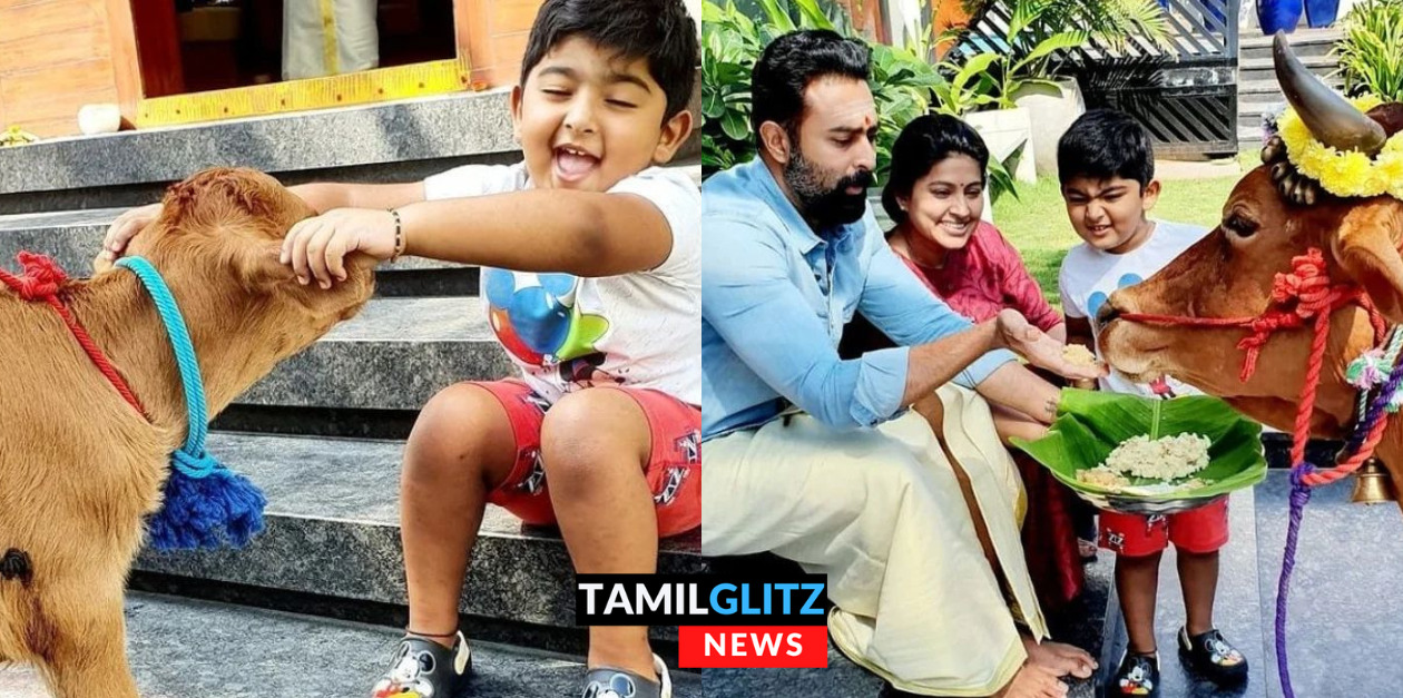 பசுவுக்கு உணவு கொடுத்து மாட்டு பொங்கலை கொண்டாடிய சினேகா பிரசன்னா தம்பதிகள்.! Cute Photos 49