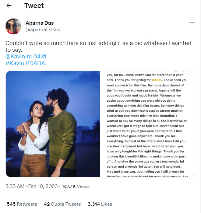 உன்கிட்ட ஒன்னு சொல்லணும் கவின்.! கவினுக்காக நீண்ட பதிவு ஒன்றை போட்ட அபர்ணா தாஸ்.! 5
