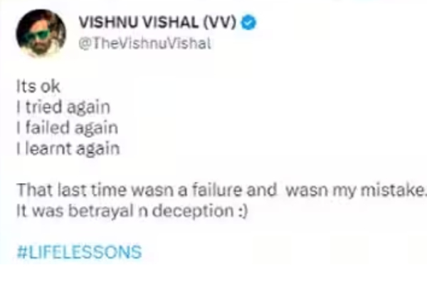 மீண்டும் தோற்று பாடம் கற்றுக் கொண்டேன்.! மிகுந்த மன உளைச்சலில் விஷ்ணு விஷால் போட்ட பதிவு.! 3