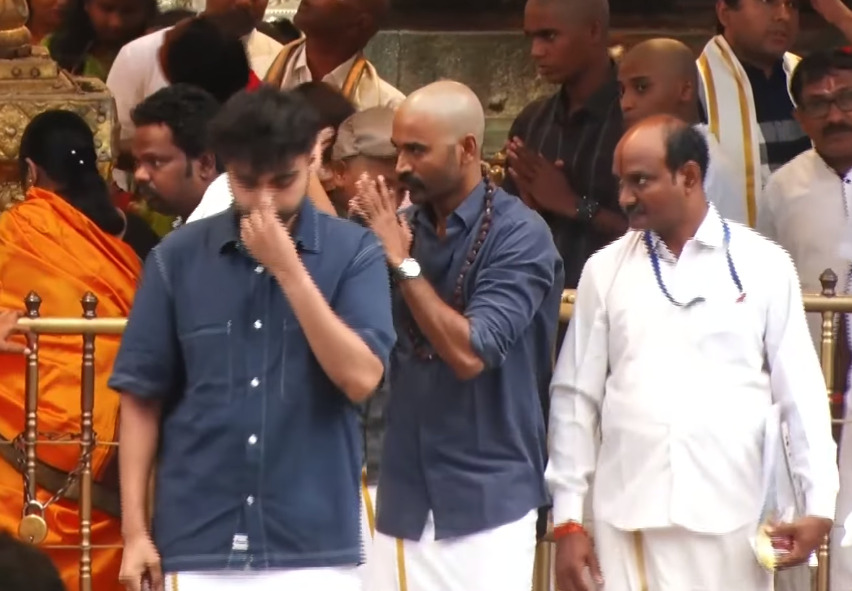 கழுத்தில் ருத்ராட்சம், தலையில் மொட்டை.! மகன்களுடன் திருப்பதியில் மொட்டை போட்ட தனுஷ்.! 3
