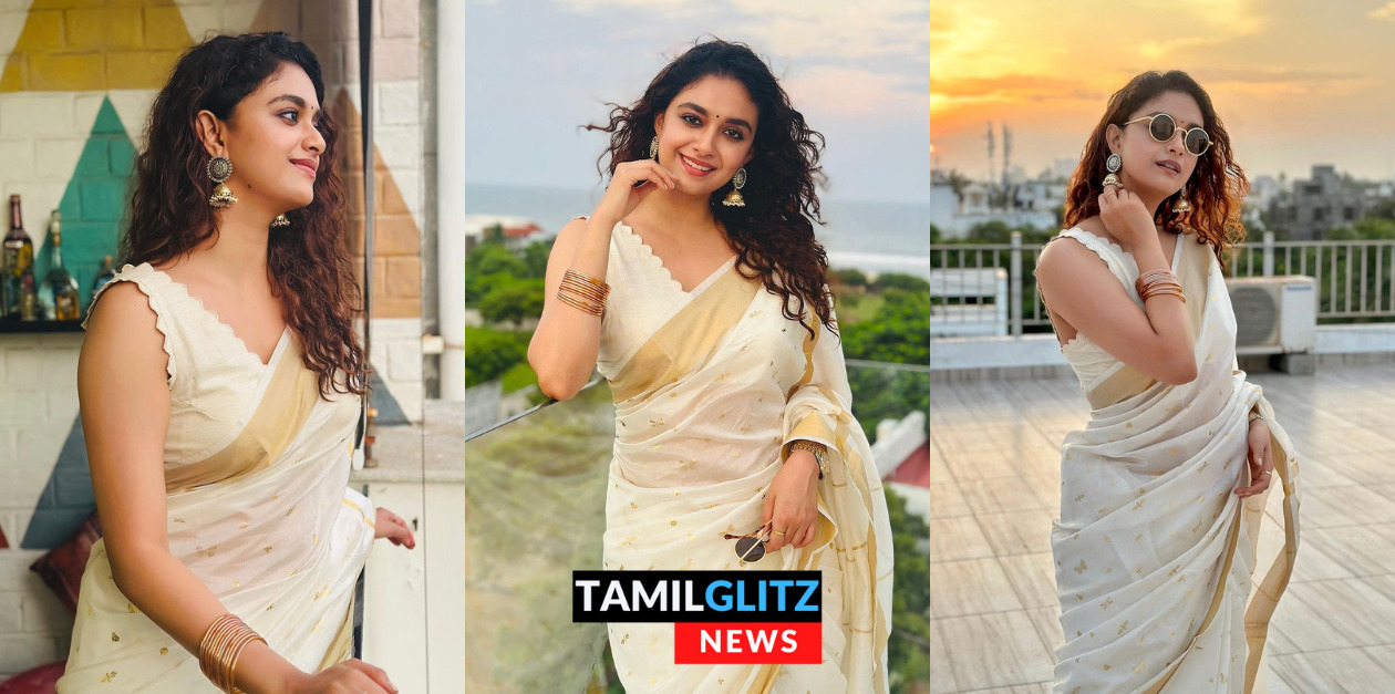 வெள்ளை நிற பட்டுபுடவையில் தேவதை போல ஜொலிக்கும் கீர்த்தி சுரேஷ்.! ஓணம் கிளிக்ஸ் 97