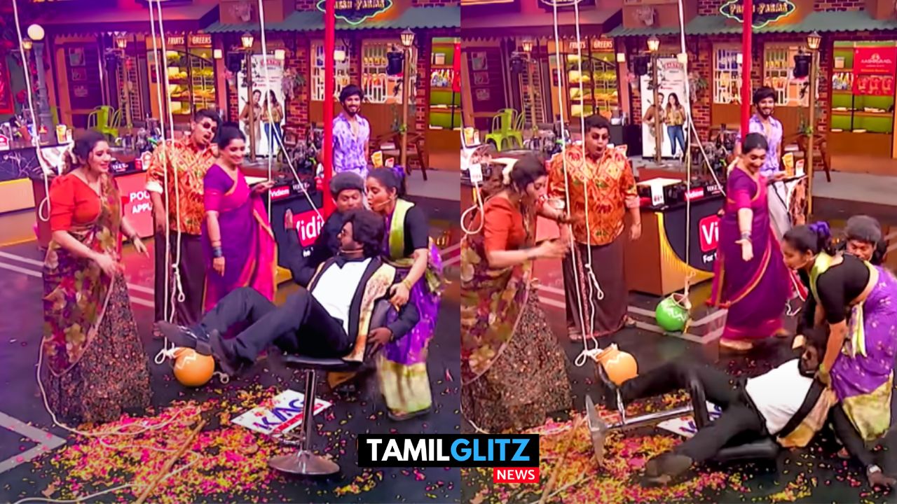 பாட்ஷா கெட்டப்பில் வந்த தங்கதுரை..! பாட்ஷா போல முயற்சி செய்து சேரில் இருந்து கீழே விழுந்ததால் சிரிப்பலை..! இந்த வார குக் வித் கோமாளி ப்ரோமோ இதோ! 7