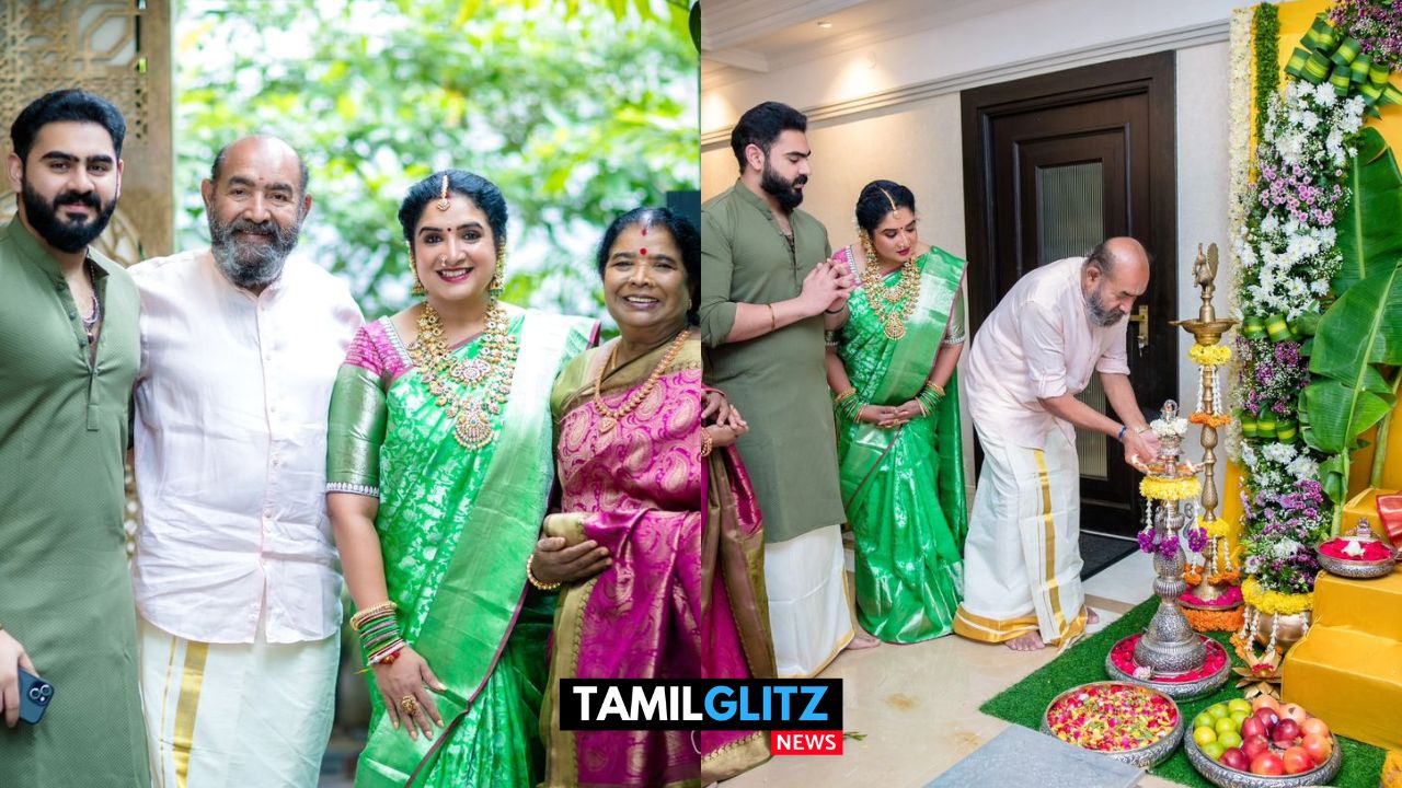 நடிகர் விஜயகுமார் வீட்டு வரலக்ஷ்மி விரத பூஜை..! மகள்களுடன் பூஜை செய்த நடிகர் விஜயகுமார்..! 7